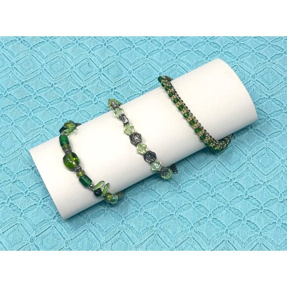 3 Vintage 1990s Handcrafted Green Beaded Bracelets - Picture 1 of 7